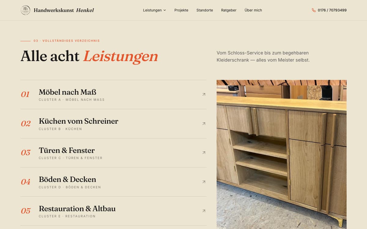 Ausschnitt der Website von Handwerkskunst Henkel